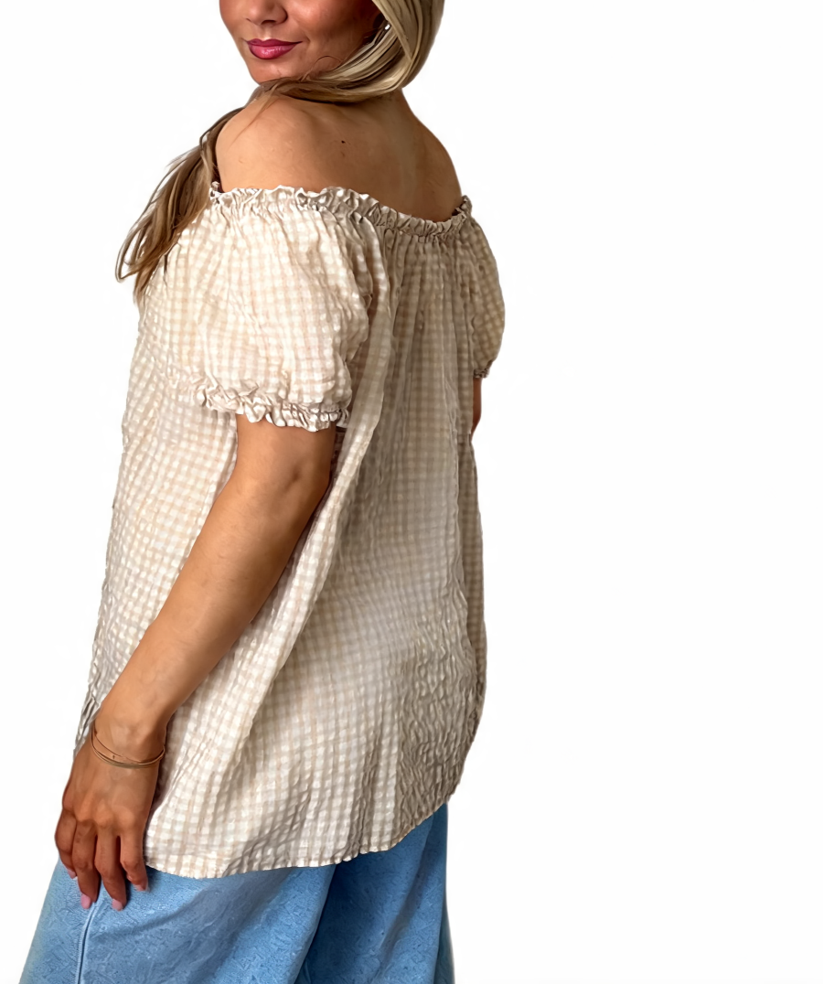 Gingham Off-the-Shoulder Puff Sleeve Top - Beige