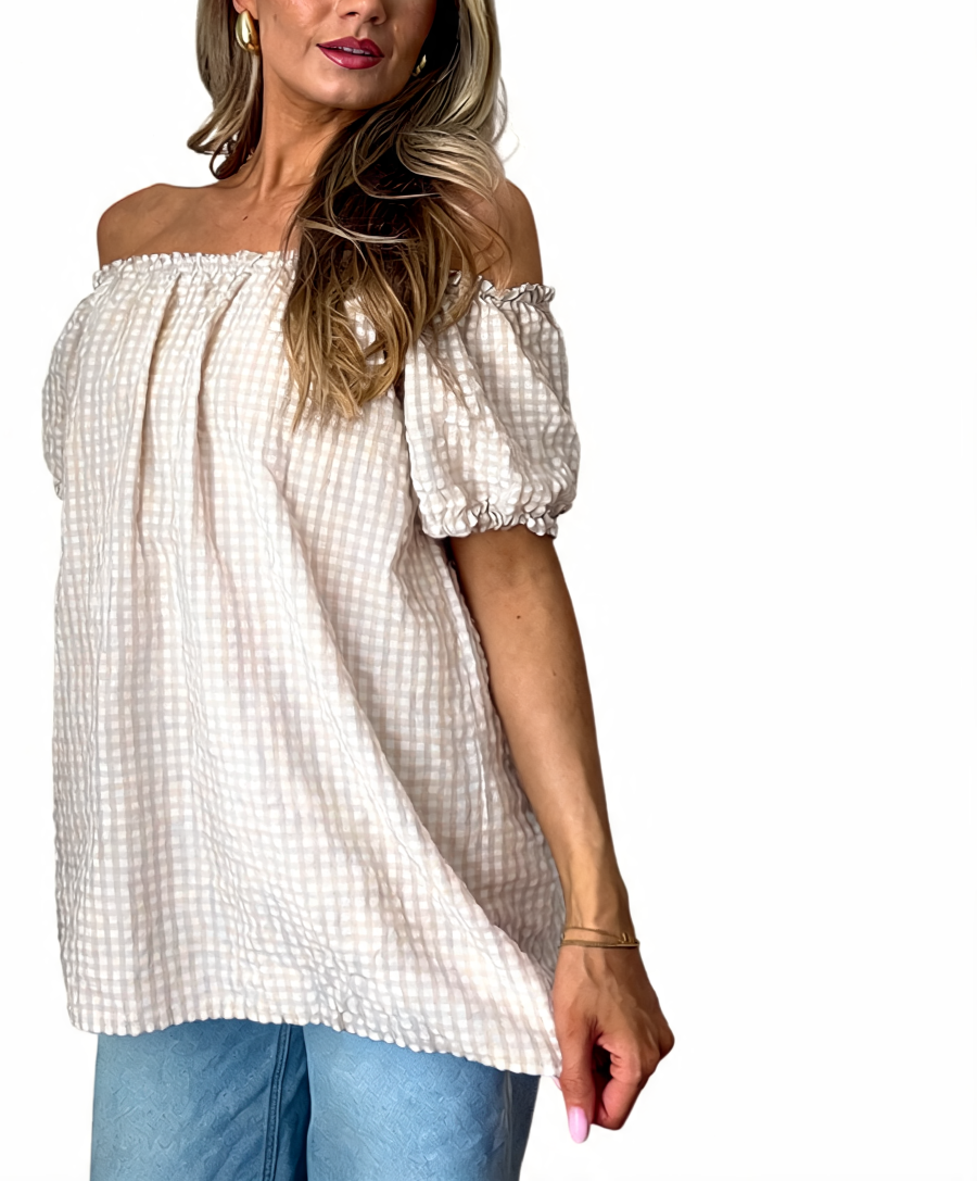 Gingham Off-the-Shoulder Puff Sleeve Top - Beige