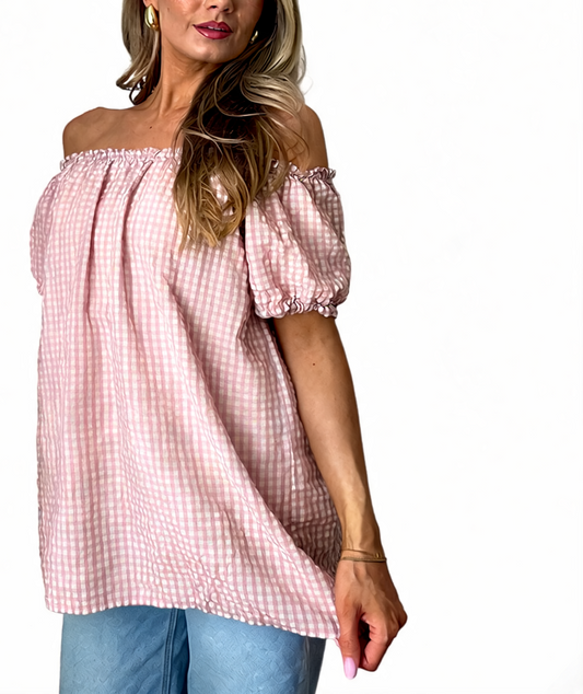 Gingham Off-the-Shoulder Puff Sleeve Top - Pink