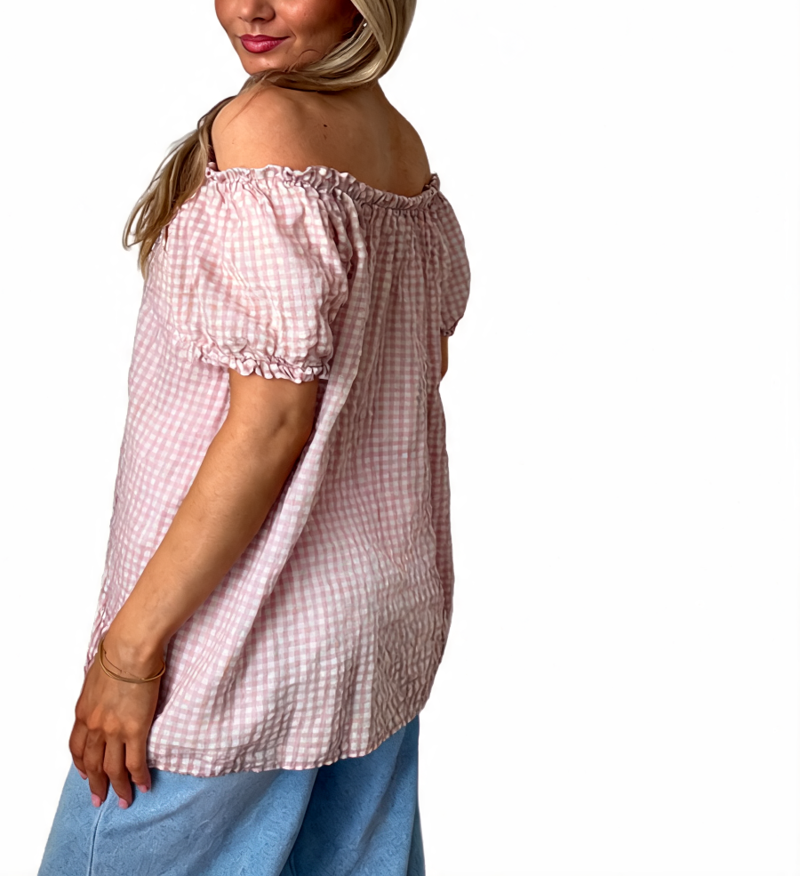 Gingham Off-the-Shoulder Puff Sleeve Top - Pink