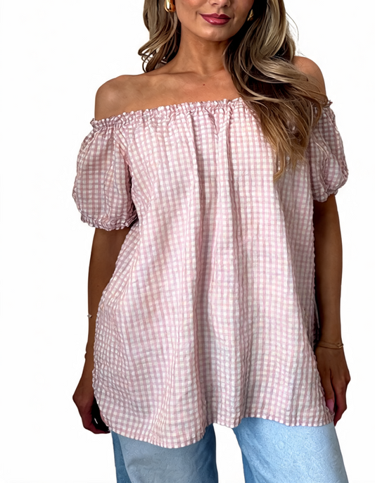 Gingham Off-the-Shoulder Puff Sleeve Top - Pink