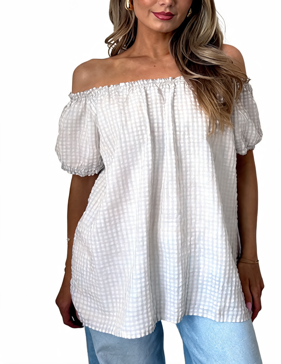 Gingham Off-the-Shoulder Puff Sleeve Top - White