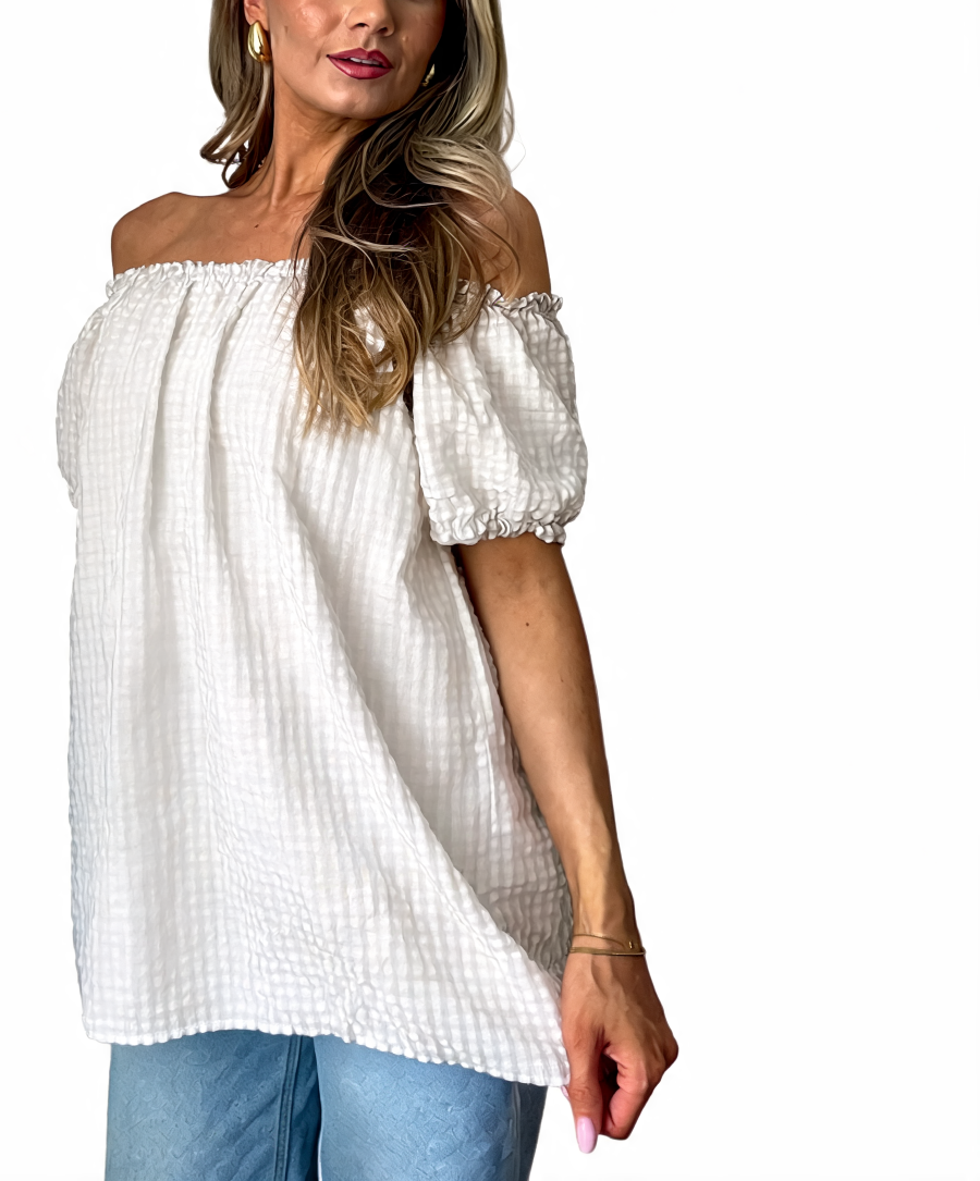 Gingham Off-the-Shoulder Puff Sleeve Top - White