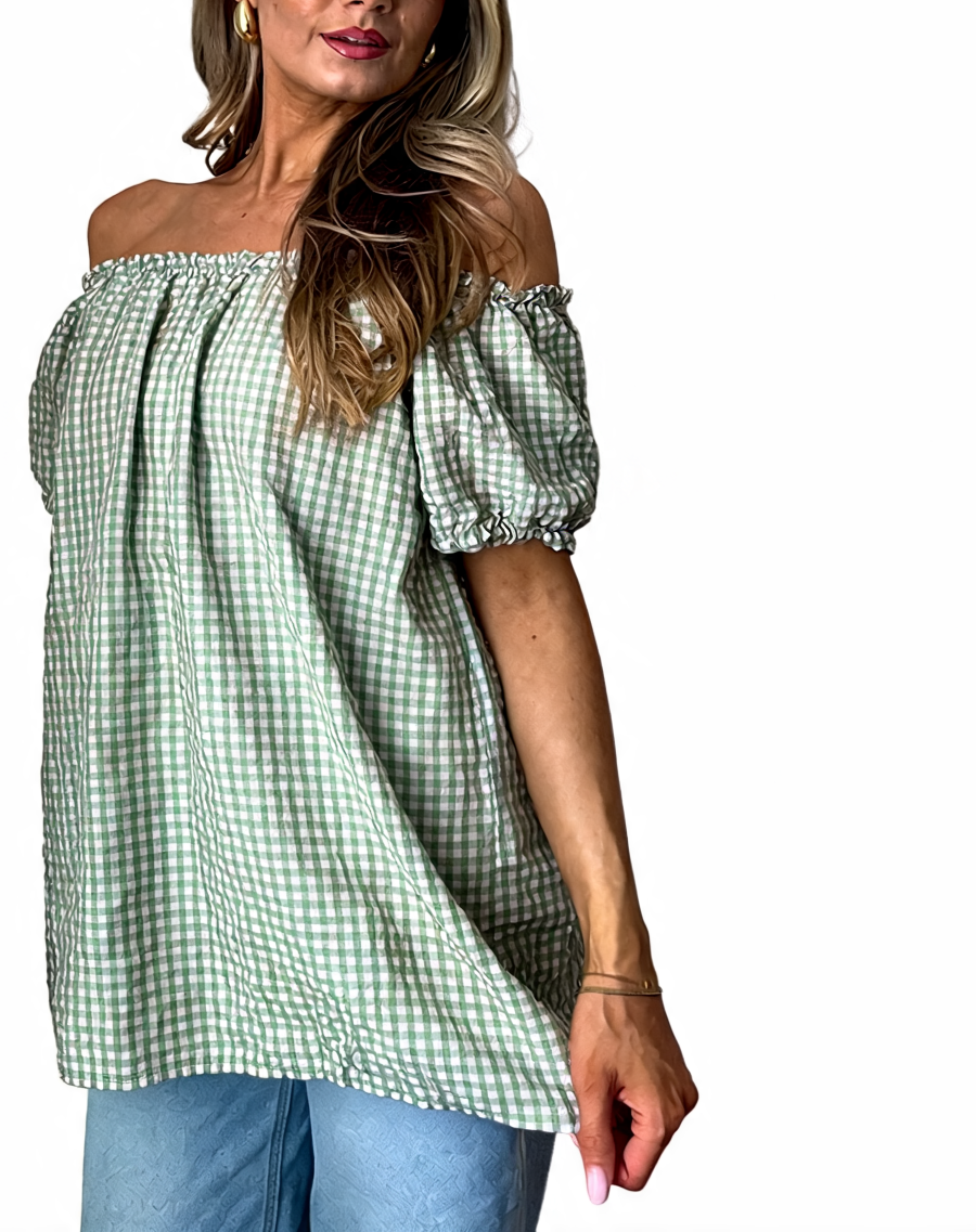 Gingham Off-the-Shoulder Puff Sleeve Top - Khaki