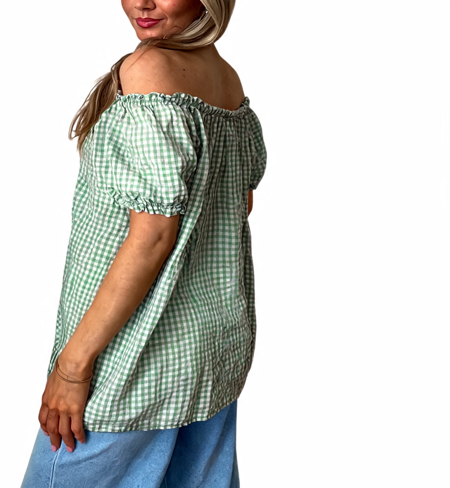 Gingham Off-the-Shoulder Puff Sleeve Top - Khaki