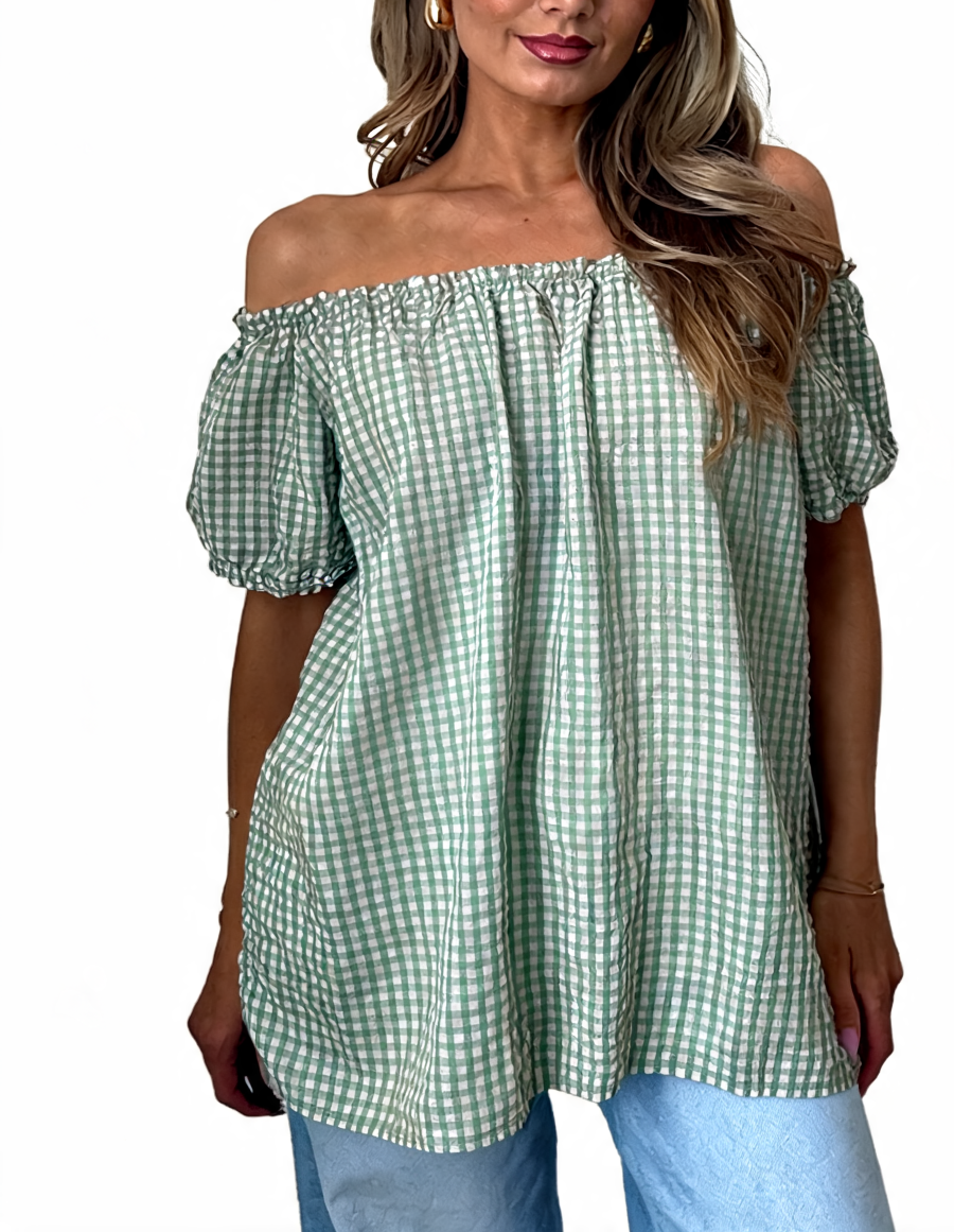 Gingham Off-the-Shoulder Puff Sleeve Top - Khaki