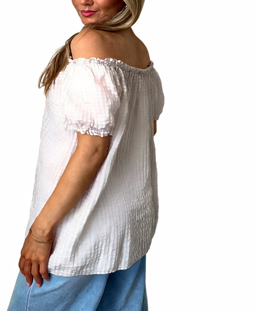 Gingham Off-the-Shoulder Puff Sleeve Top - White