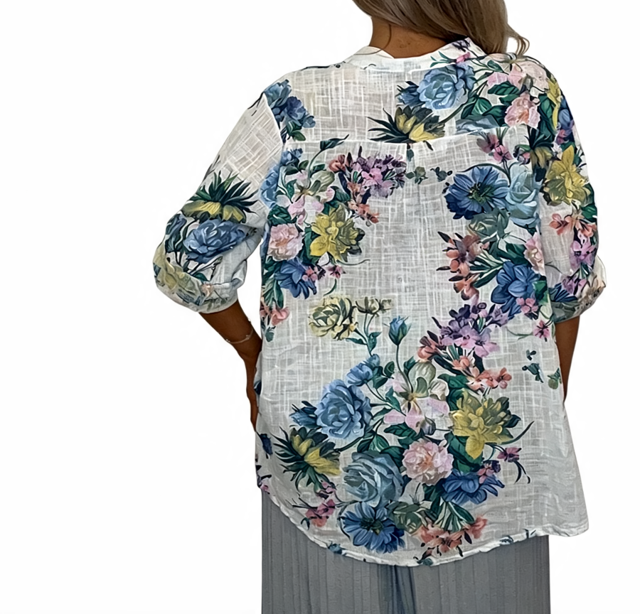 Floral Print Roll-Tab Sleeve Blouse - White