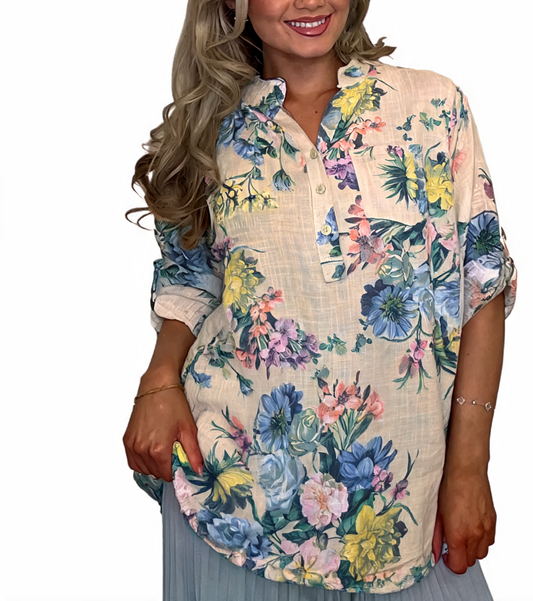 Floral Print Roll-Tab Sleeve Blouse - Beige