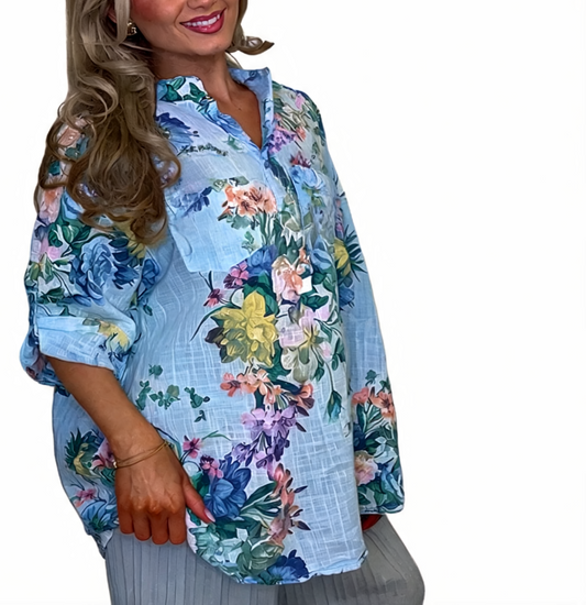 Floral Print Roll-Tab Sleeve Blouse - Sky Blue