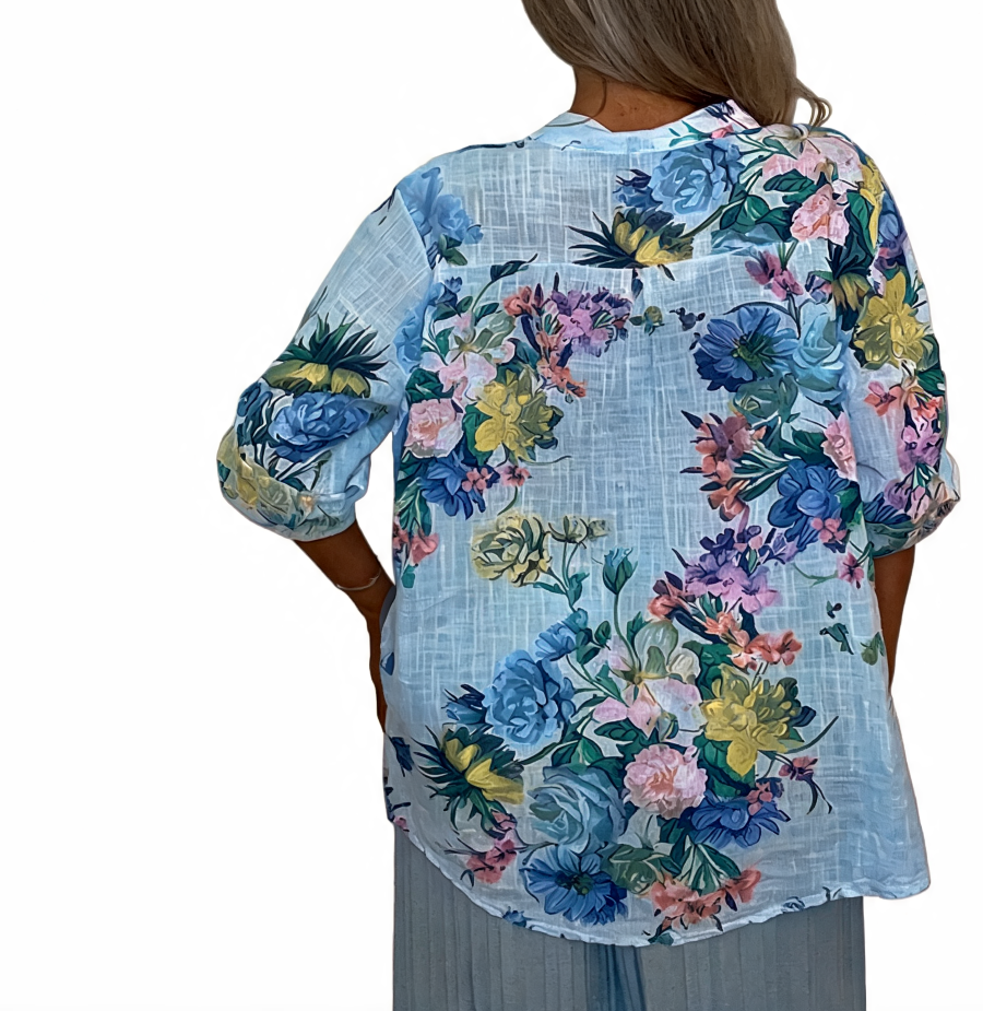 Floral Print Roll-Tab Sleeve Blouse - Sky Blue