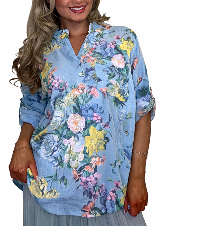 Floral Print Roll-Tab Sleeve Blouse - Sky Blue