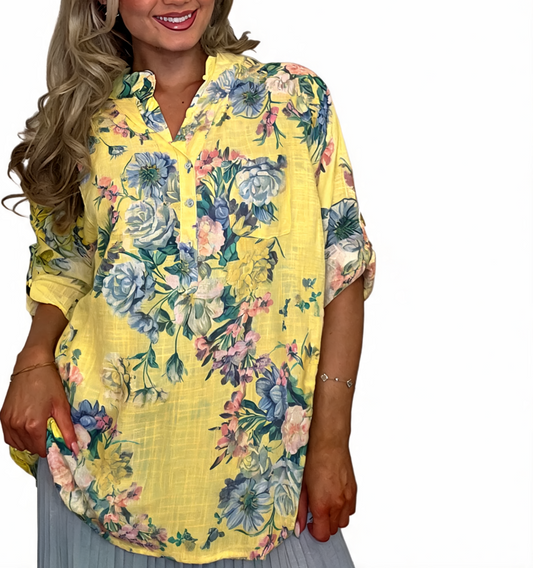 Floral Print Roll-Tab Sleeve Blouse - Lemon