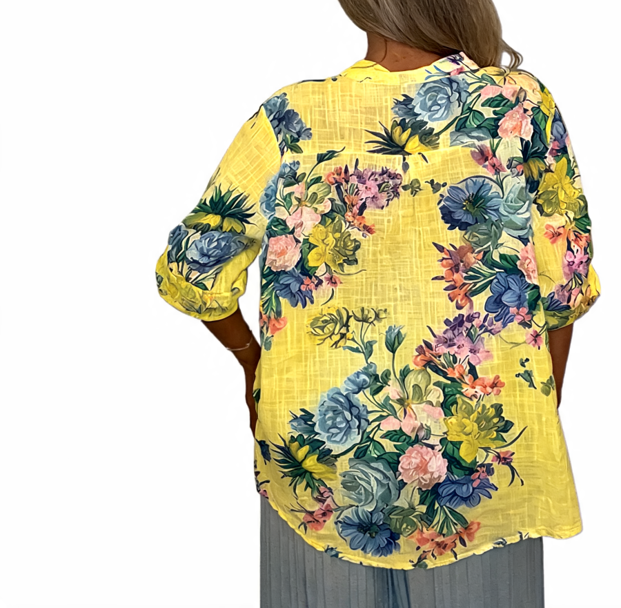 Floral Print Roll-Tab Sleeve Blouse - Lemon