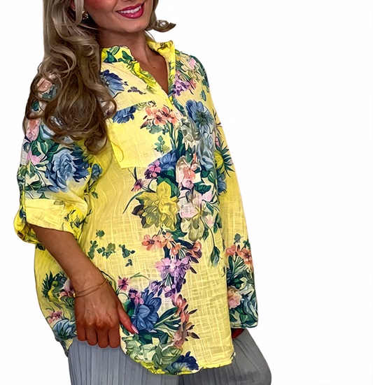Floral Print Roll-Tab Sleeve Blouse - Lemon
