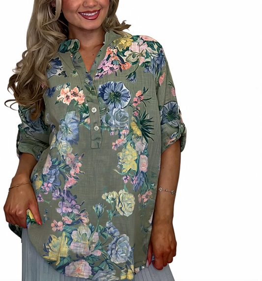 Floral Print Roll-Tab Sleeve Blouse - Khaki
