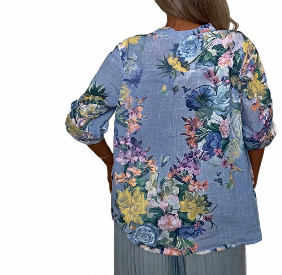 Floral Print Roll-Tab Sleeve Blouse - Denim