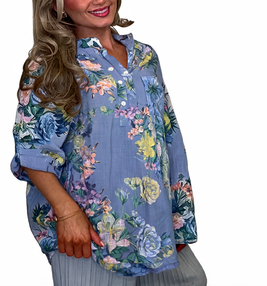 Floral Print Roll-Tab Sleeve Blouse - Denim