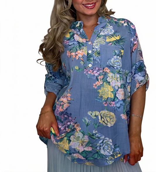 Floral Print Roll-Tab Sleeve Blouse - Denim
