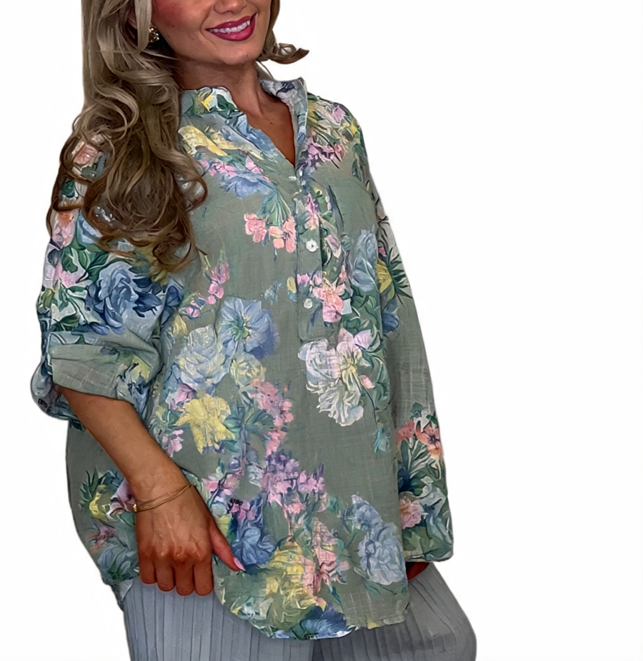Floral Print Roll-Tab Sleeve Blouse - Khaki