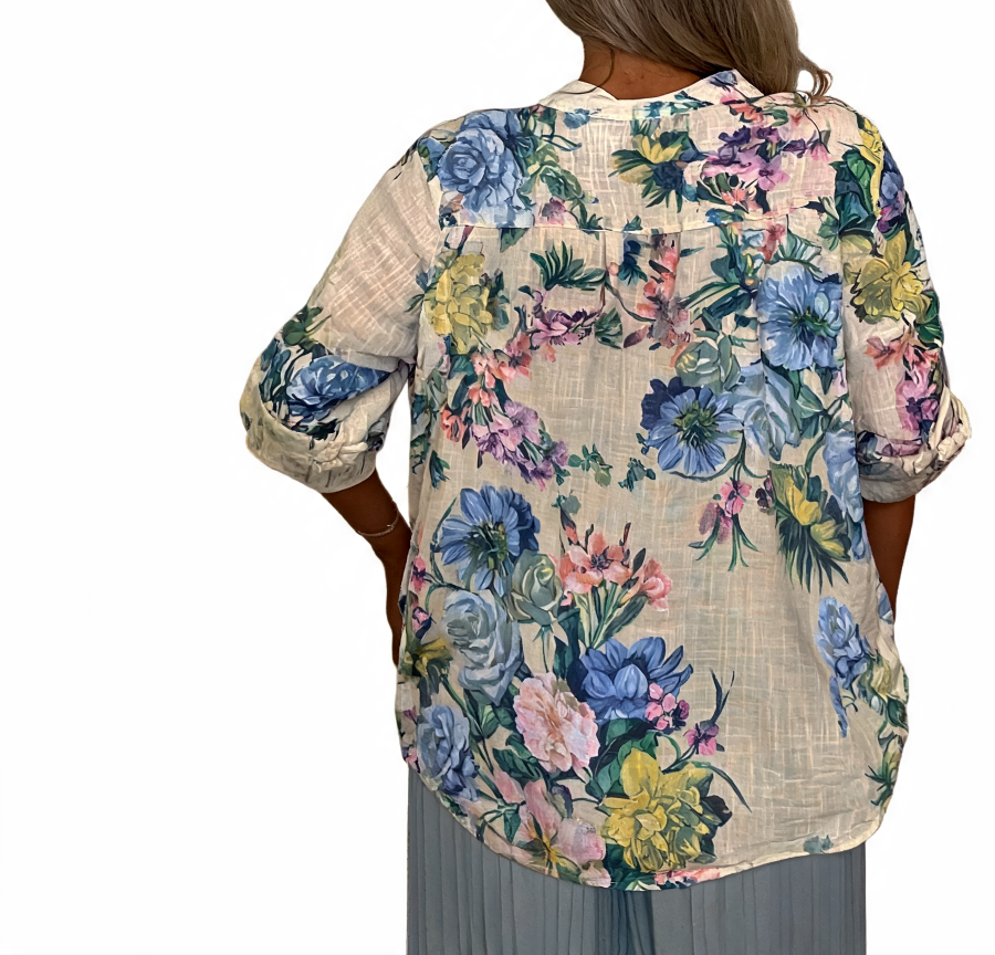 Floral Print Roll-Tab Sleeve Blouse - Beige