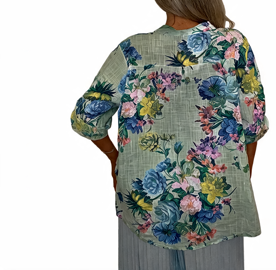 Floral Print Roll-Tab Sleeve Blouse - Khaki