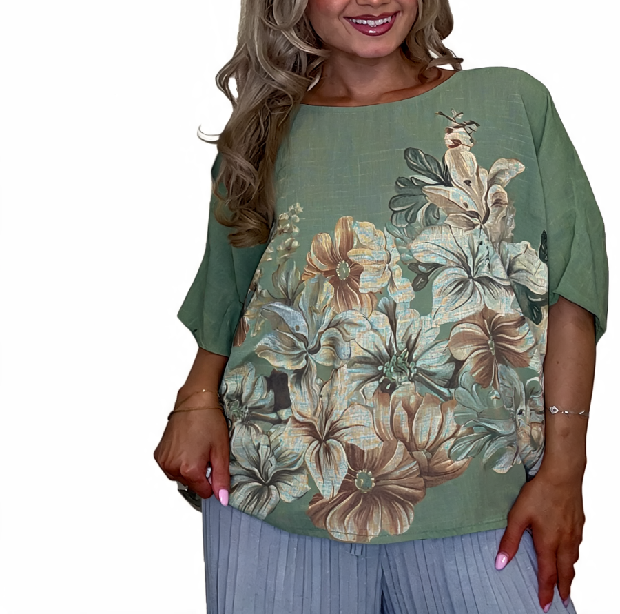 Oversized botanical floral top in olive khaki with tan and green flower print