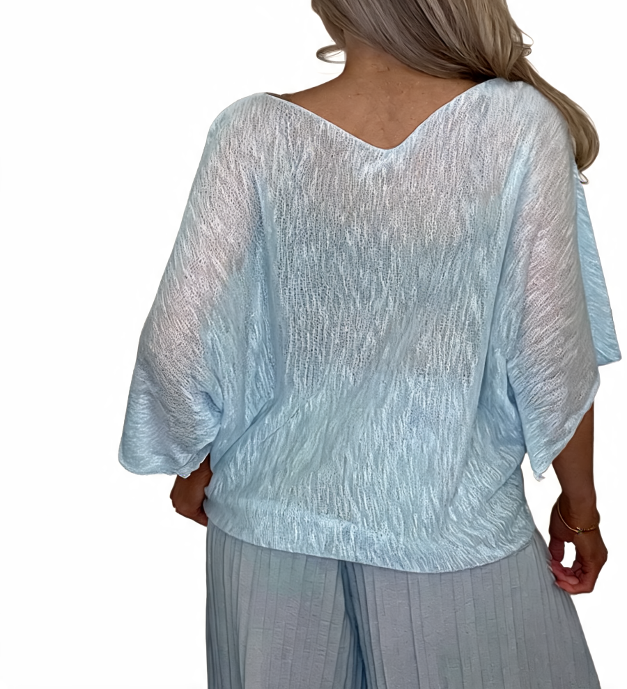 Sky blue crinkle knit batwing boxy top, short sleeves (back)
