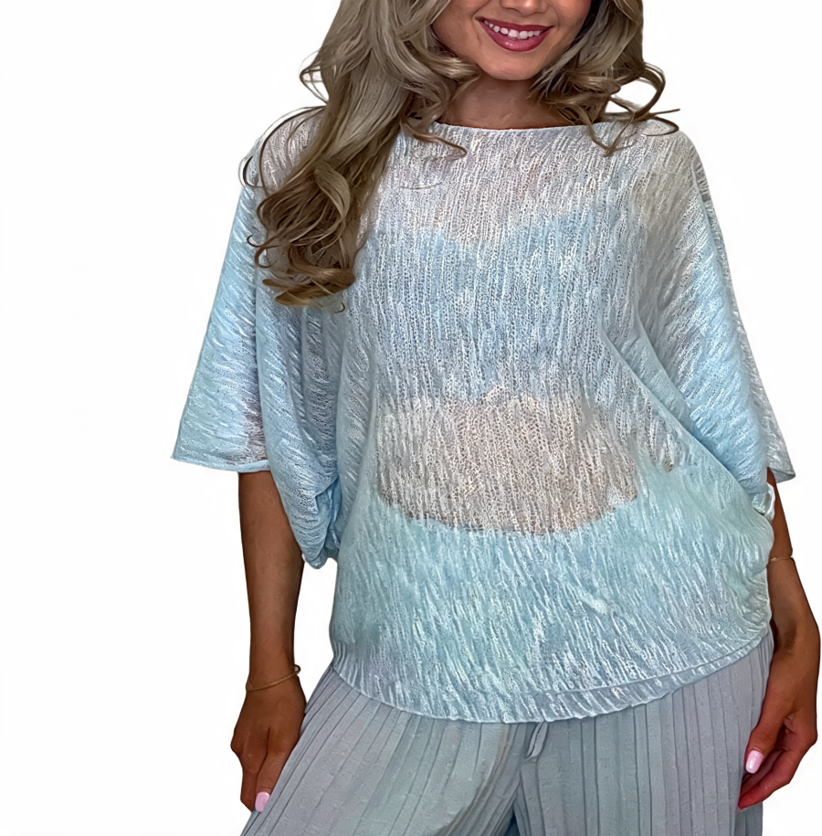 Light blue crinkle knit batwing boxy top, short sleeves, scoop neckline