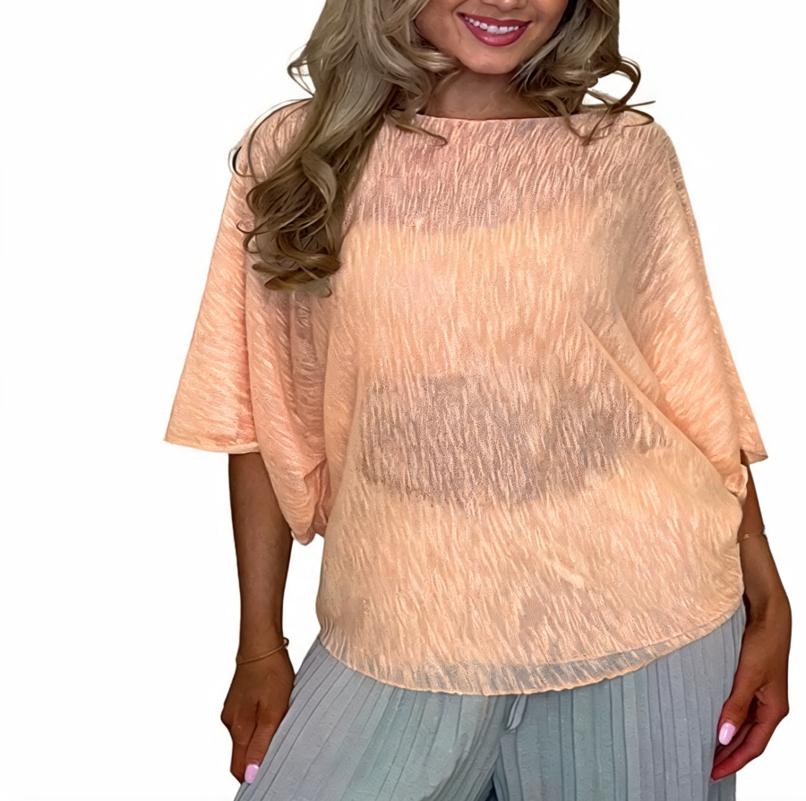 Peach crinkle knit batwing boxy top, short sleeves, scoop neckline