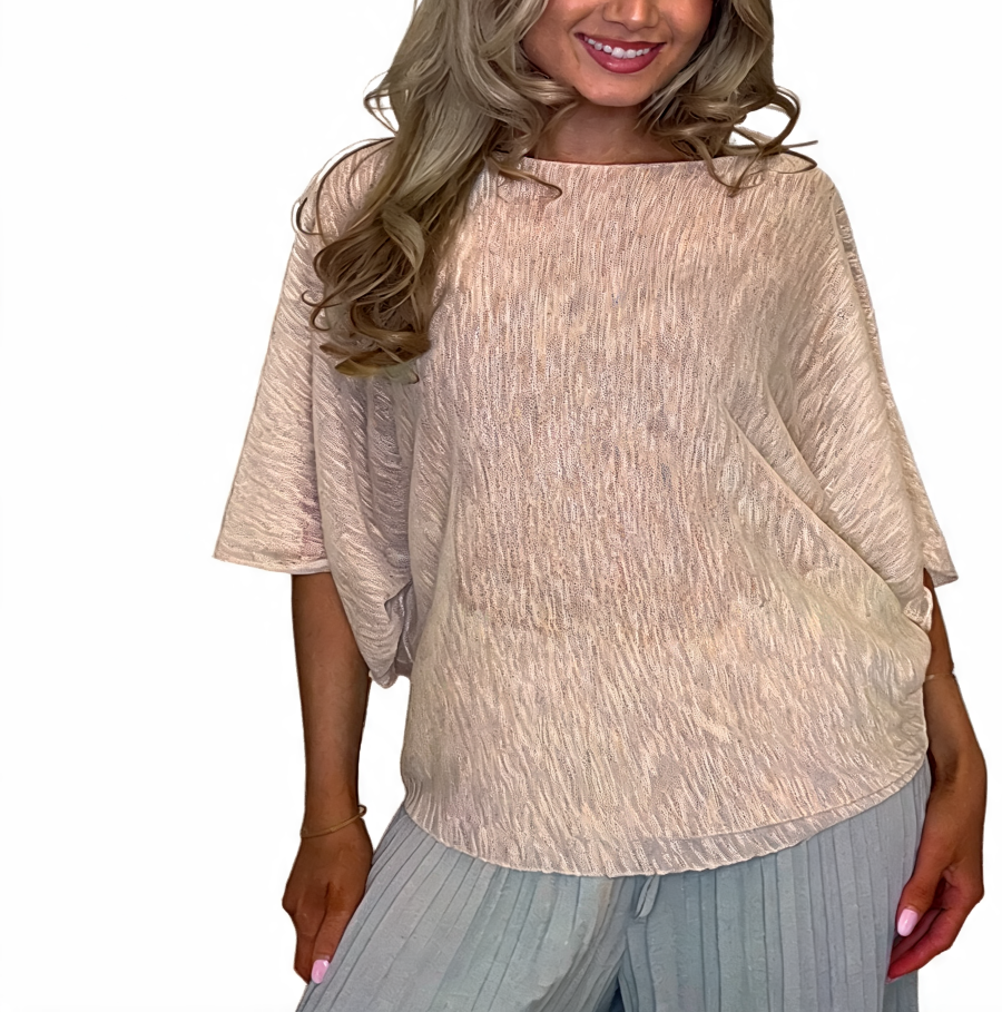 Mocha crinkle knit batwing boxy top, short sleeves, scoop neckline