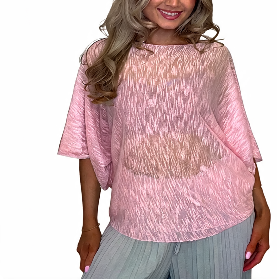 Pink crinkle knit batwing boxy top, short sleeves, scoop neckline