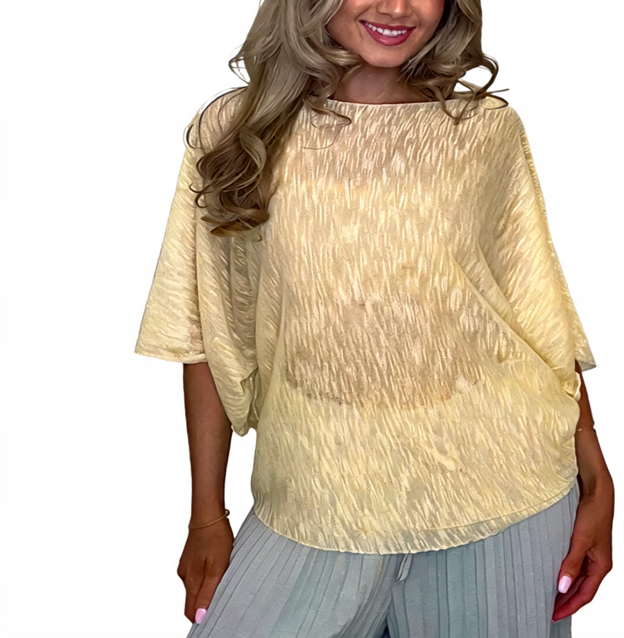 Yellow crinkle knit batwing boxy top, short sleeves, scoop neckline