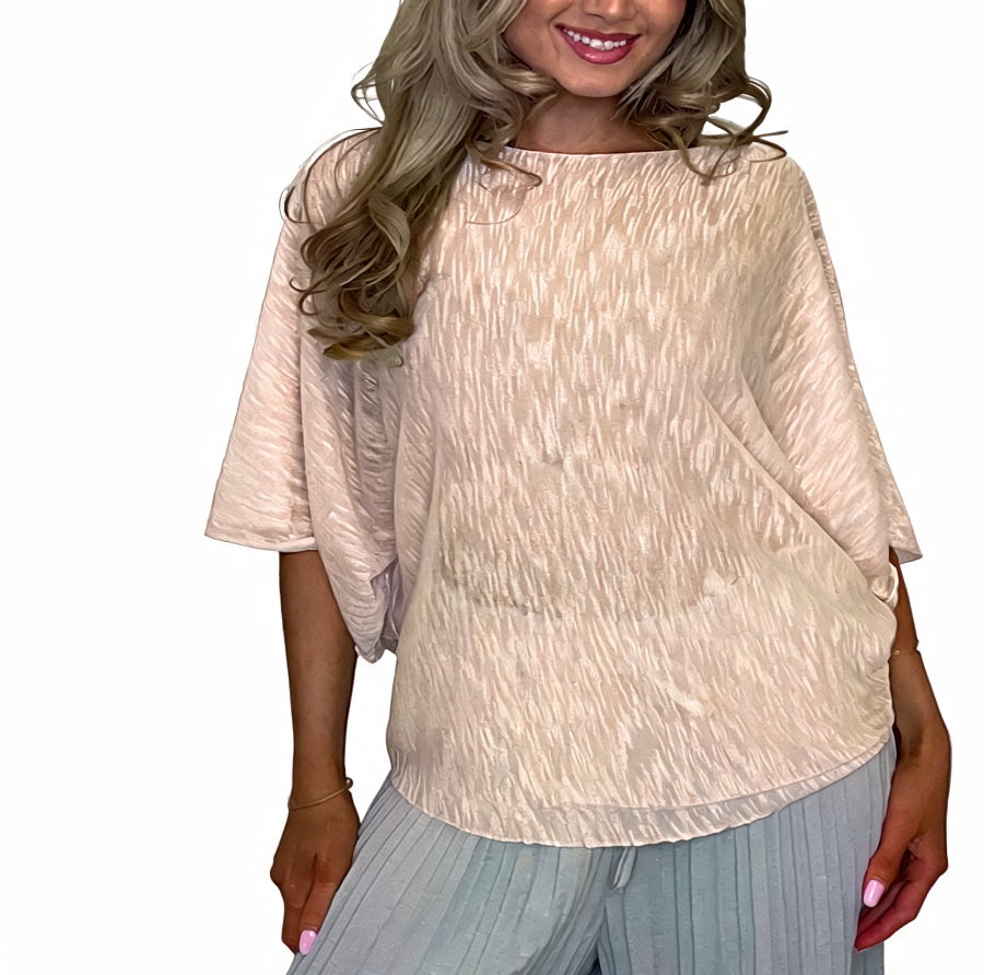 Beige crinkle knit batwing boxy top, short sleeves, scoop neckline