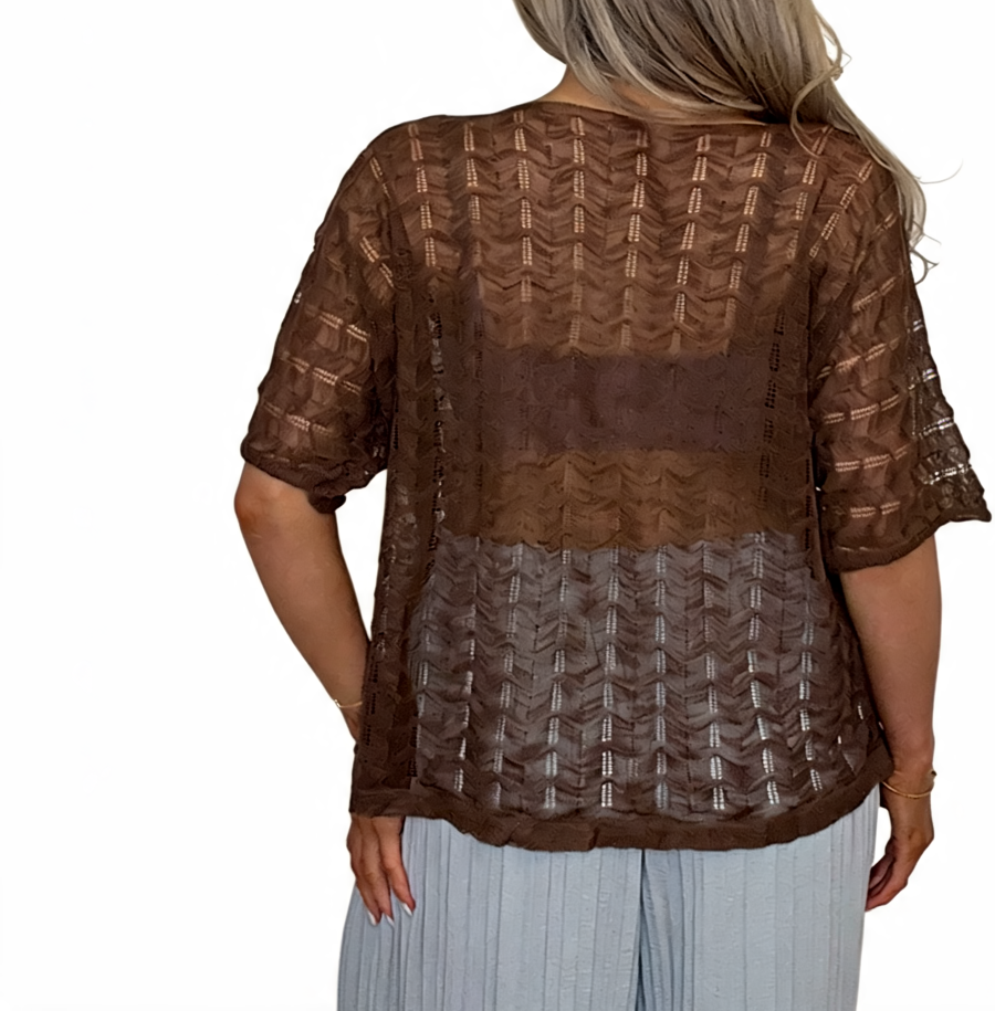 Crochet Knit Oversized V-Neck Sheer Lace Tee - Chocolate