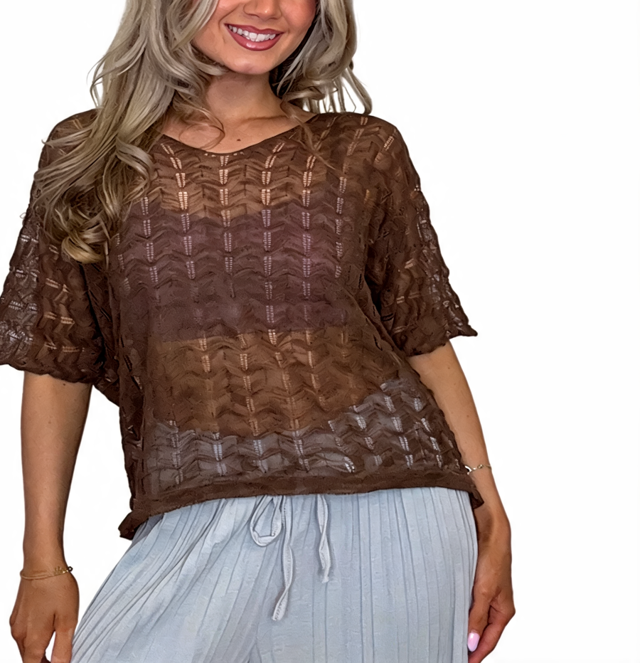 Oversized crochet knit sheer lace V-neck tee with short sleeves, chocolate brown