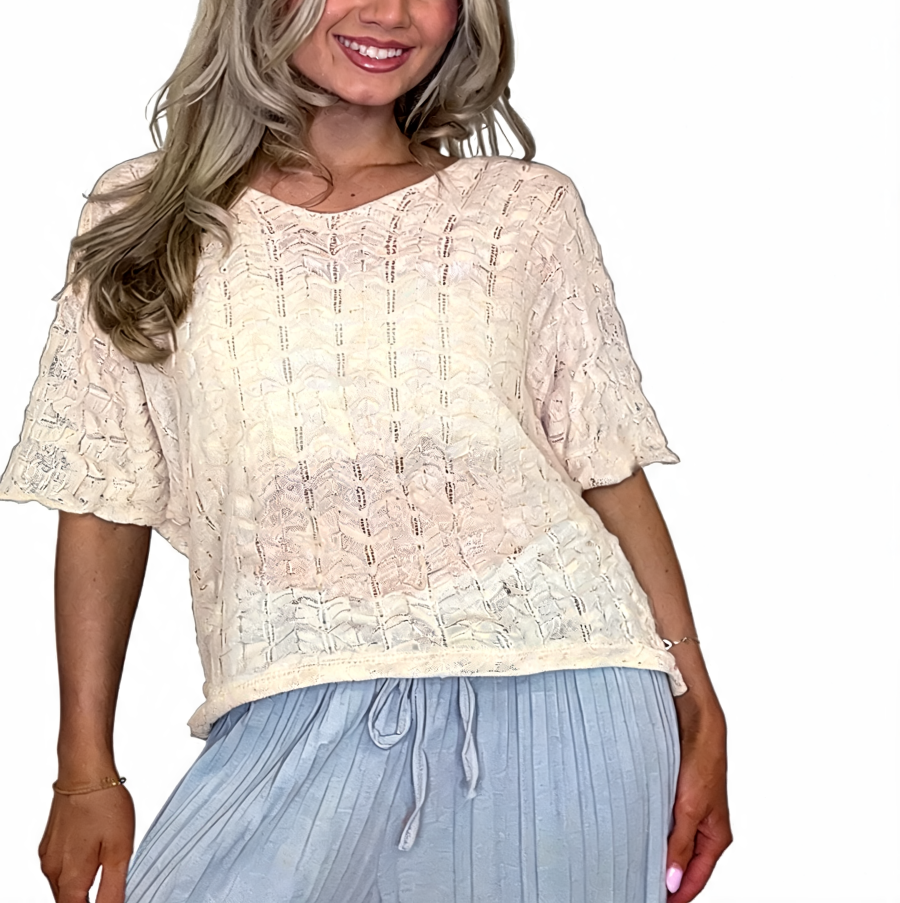 Crochet Knit Oversized V-Neck Sheer Lace Tee - White
