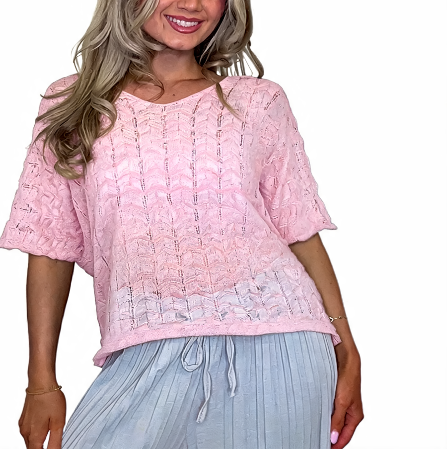 Sheer crochet lace V-neck tee in blush pink, oversized short-sleeve with textured pattern