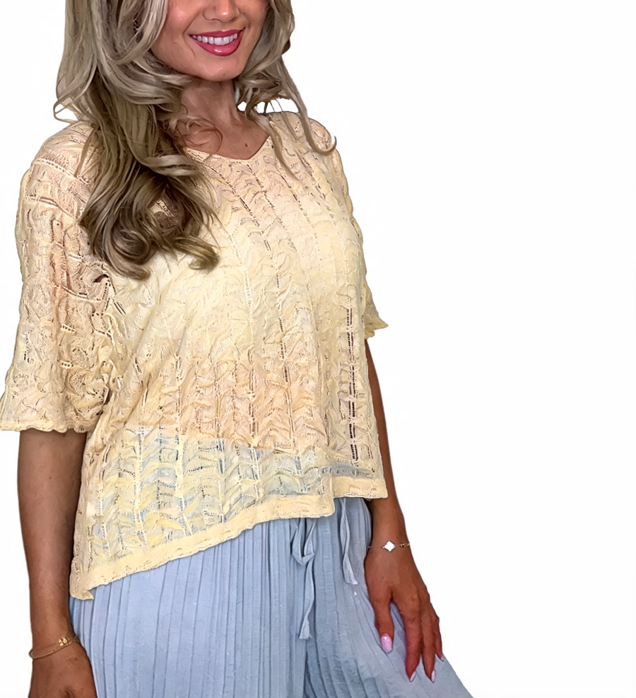 Crochet Knit Oversized V-Neck Sheer Lace Tee - Lemon