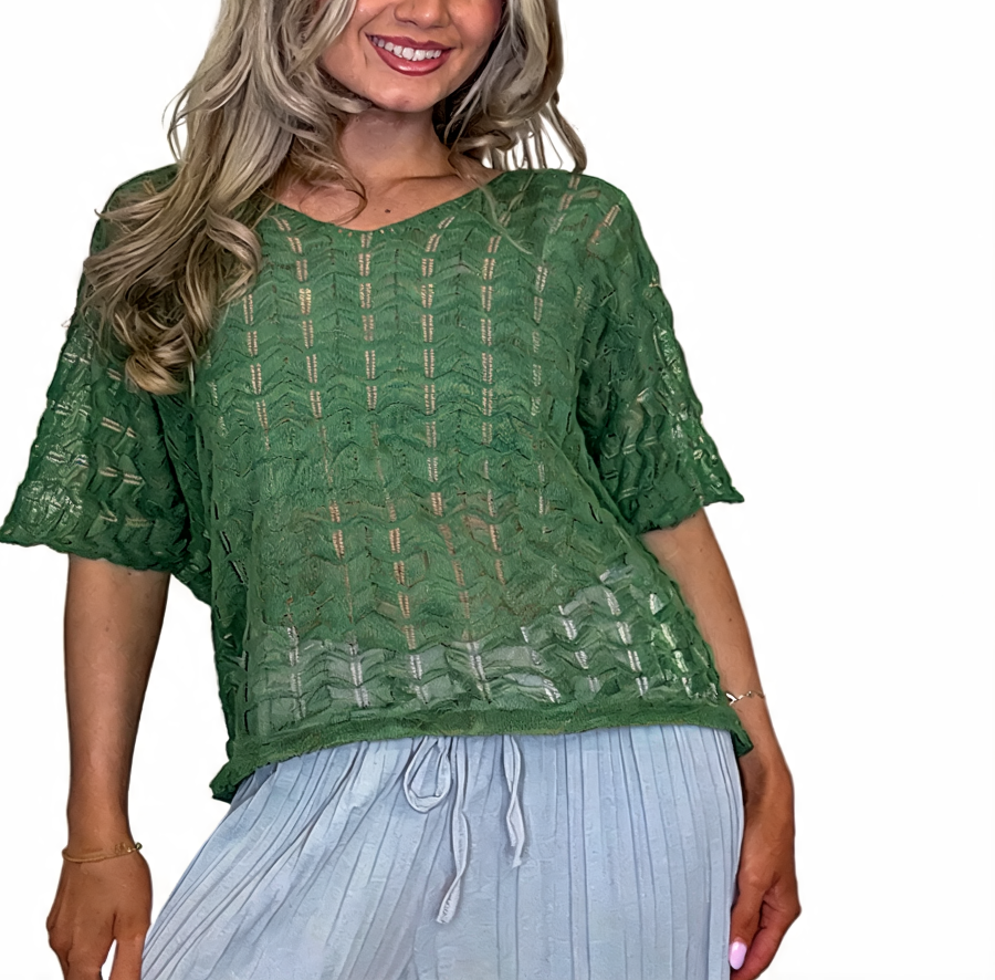 Sheer crochet lace V-neck tee in dark green, oversized short-sleeve with textured pattern