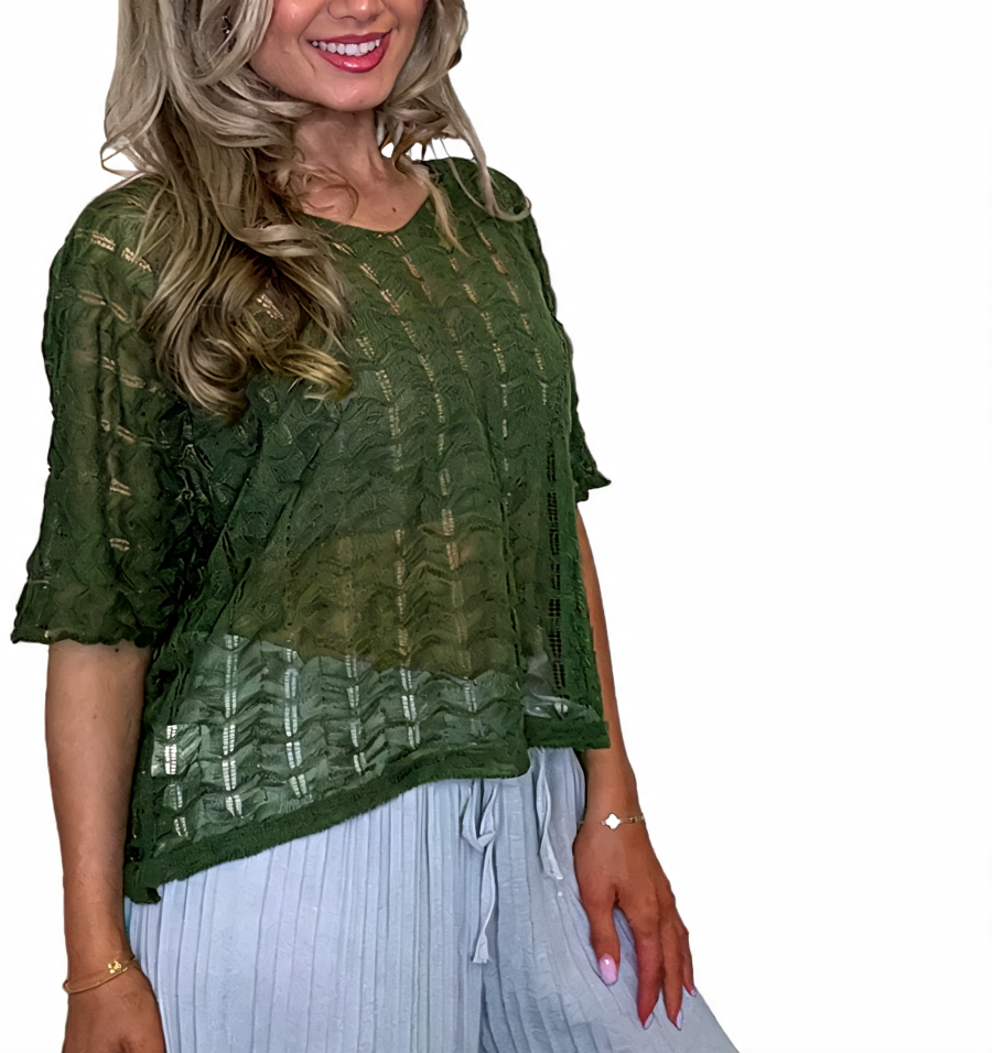 Crochet Knit Oversized V-Neck Sheer Lace Tee - Khaki