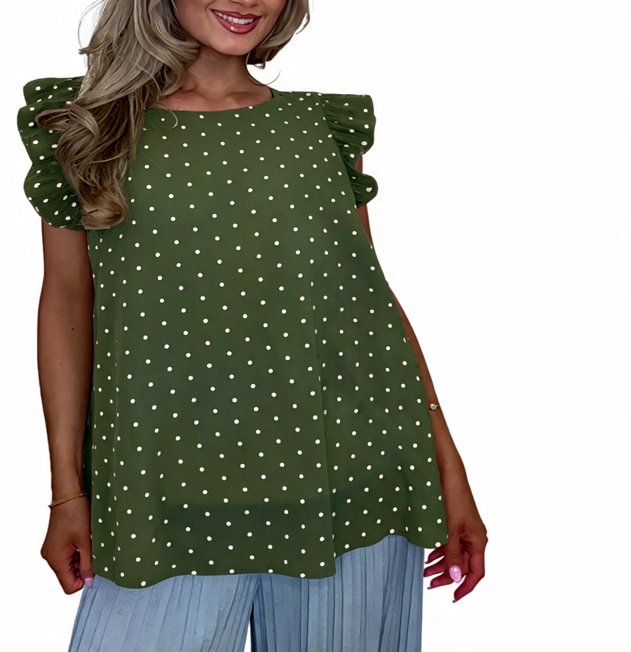 Dark green polka dot swing top with ruffle sleeves and flared fit