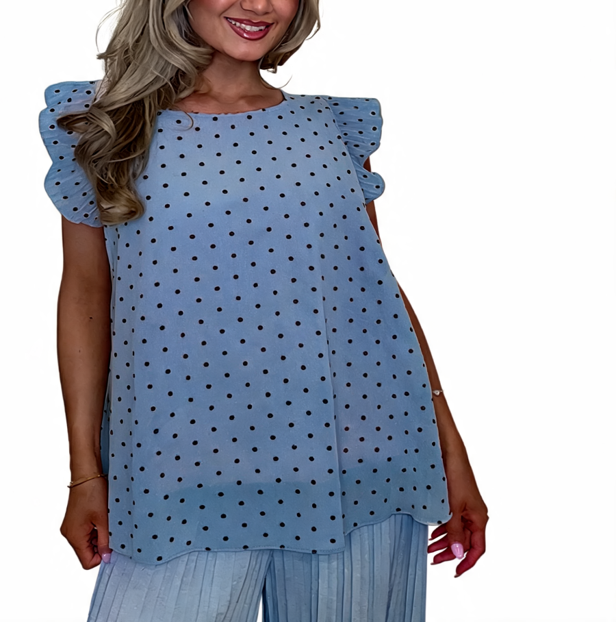 Denim blue polka dot swing top with short ruffle sleeves