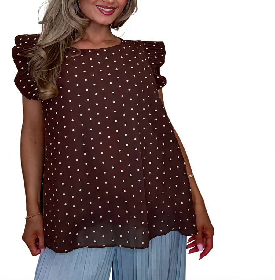 Chocolate brown polka dot swing top with ruffle sleeves and flared hem