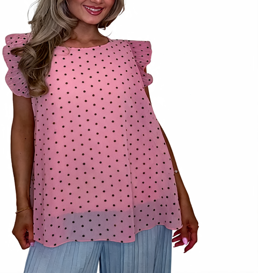 Polka Dot Print Swing Ruffle Sleeve Top - Pink