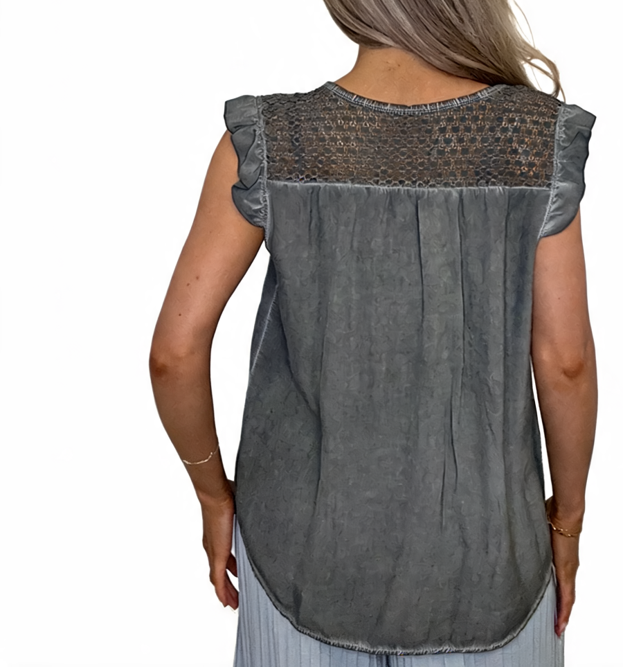 Mineral-wash sleeveless blouse back view in gray with crochet yoke trim