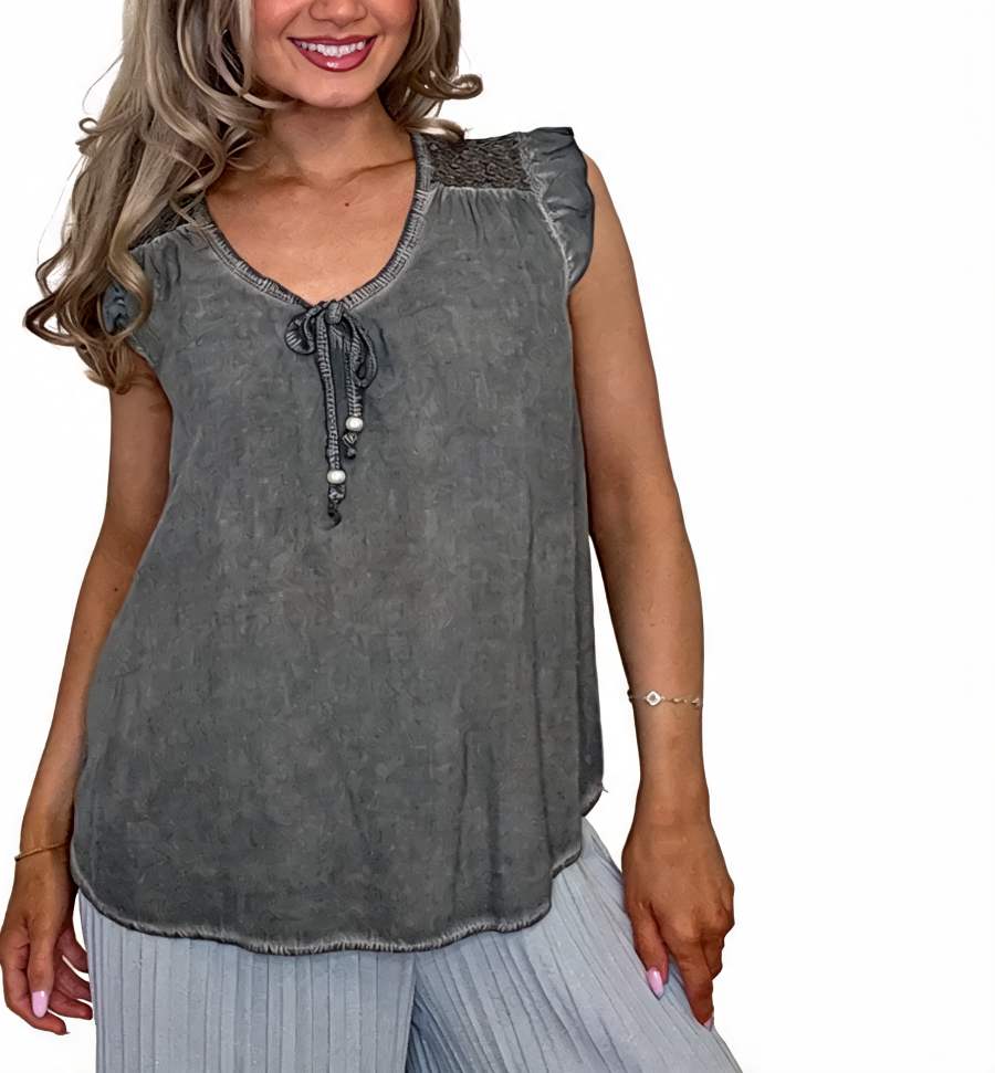 Mineral-wash tie-front sleeveless blouse in charcoal gray with crochet yoke and keyhole tie