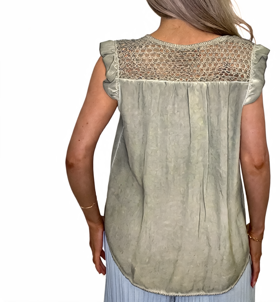Mineral Wash Tie-Front Crochet Yoke Sleeveless Blouse - Taupe