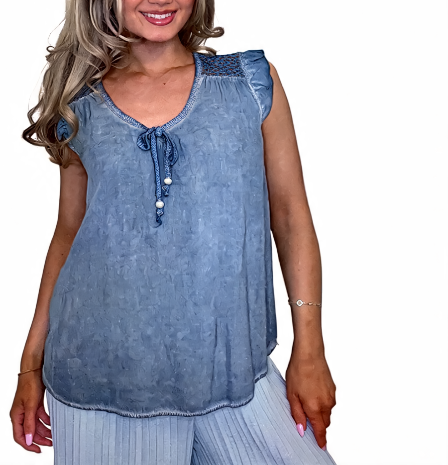 Mineral-wash tie-front sleeveless blouse in blue with crochet yoke and bead tie