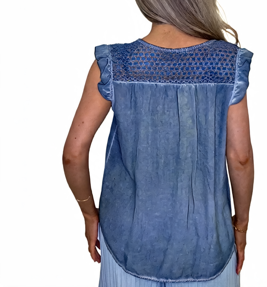 Mineral Wash Tie-Front Crochet Yoke Sleeveless Blouse - Denim